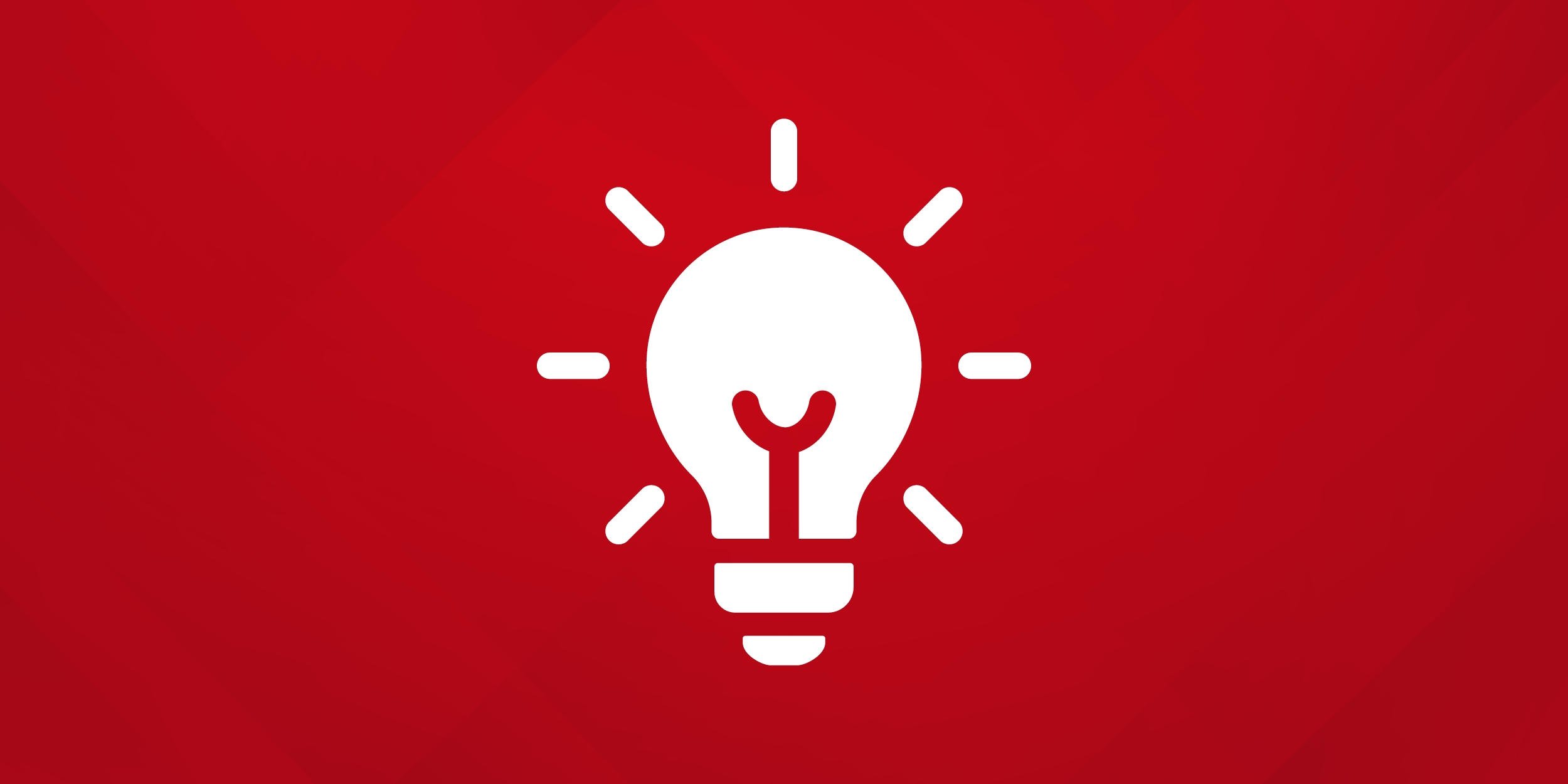A white light bulb icon with radiating lines, symbolizing an idea, is centered on a bold red background. The tone is vibrant and energetic.
